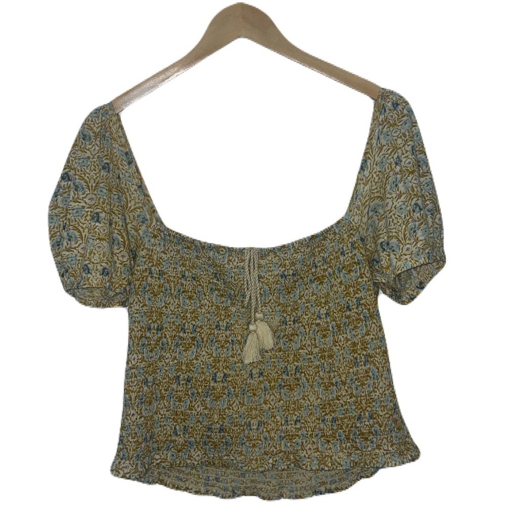 Lucky Brand 100% Cotton Floral Smocked Square Neck Top Women’s Size Large - Picture 7 of 9